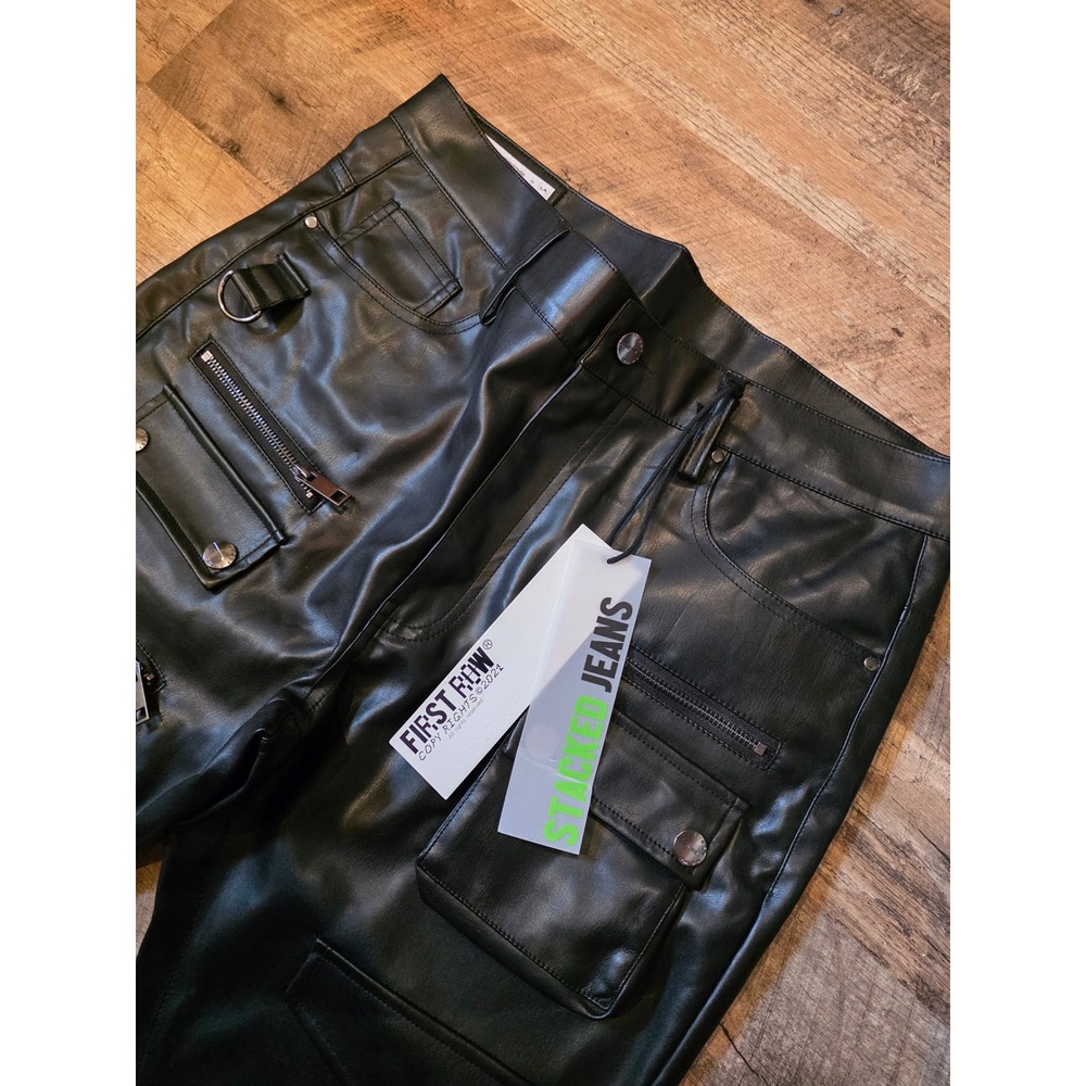 First Row Mens Black Faux Leather Stacked Cargo Jeans FRP3007 Size 34 x 35 NWT - Picture 3 of 5